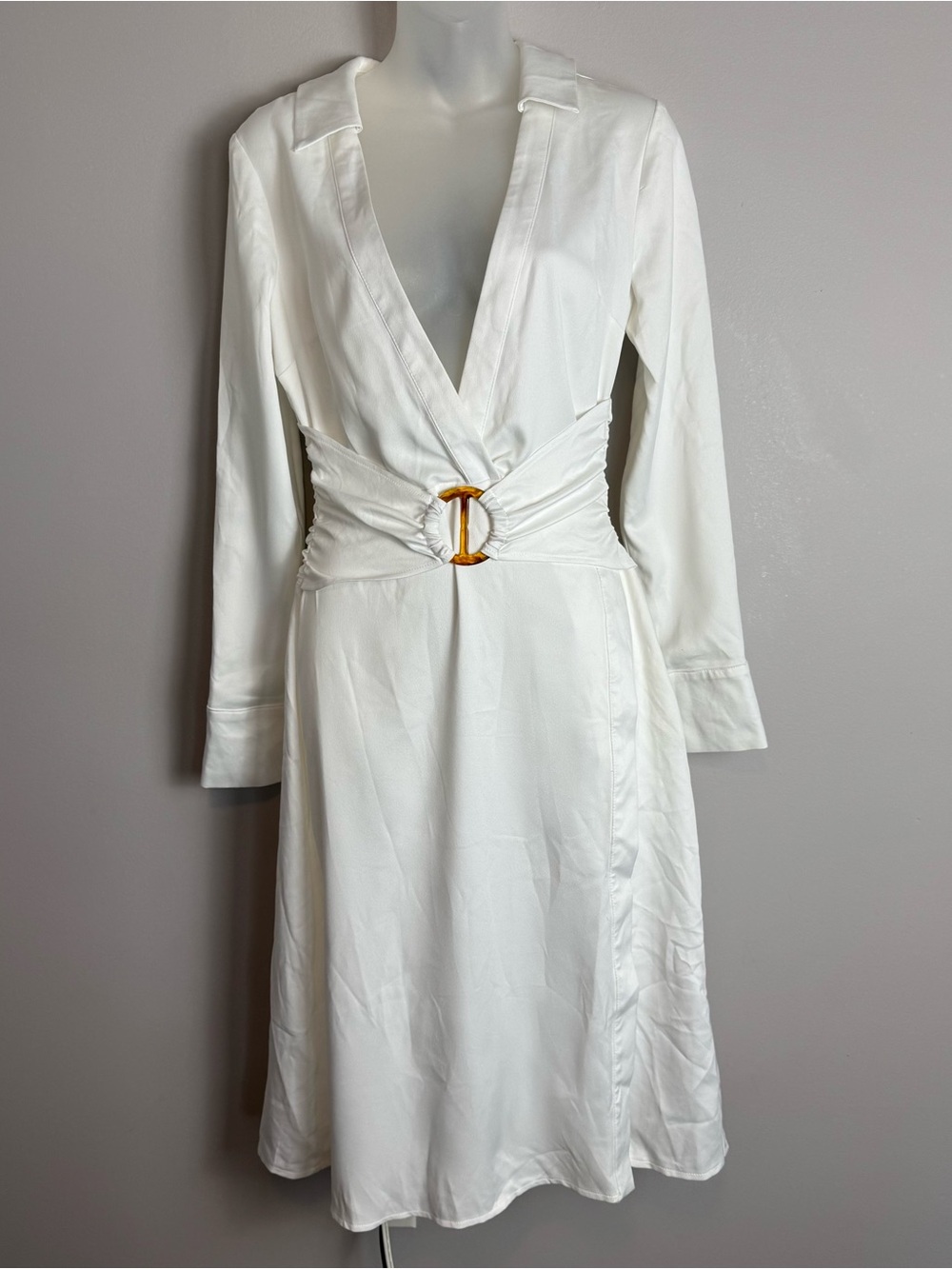 NWT Pretty Little Thing White Satin Belted Long Sleeve Midi Dress Size 4